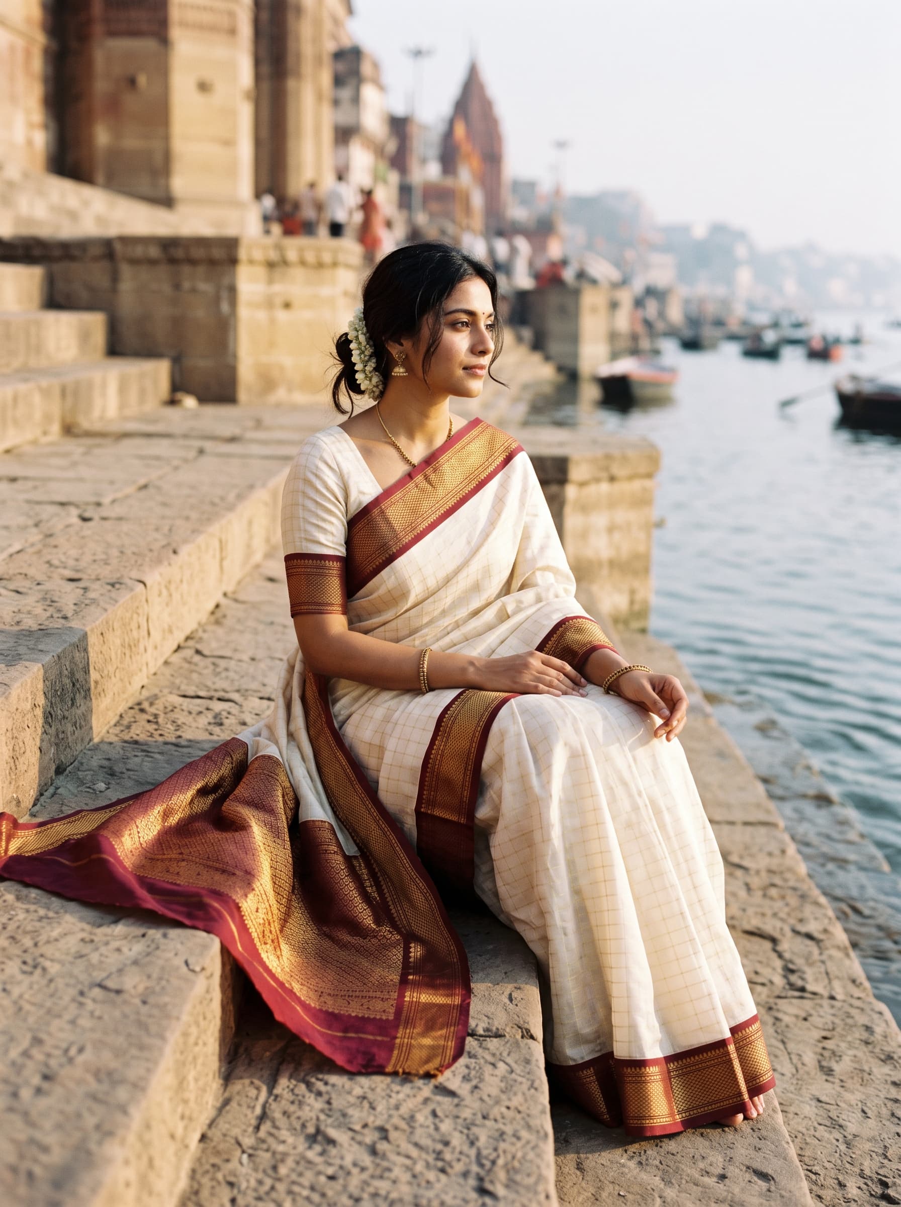 A woman in an ivory Maheshwari saree seated on old stone steps