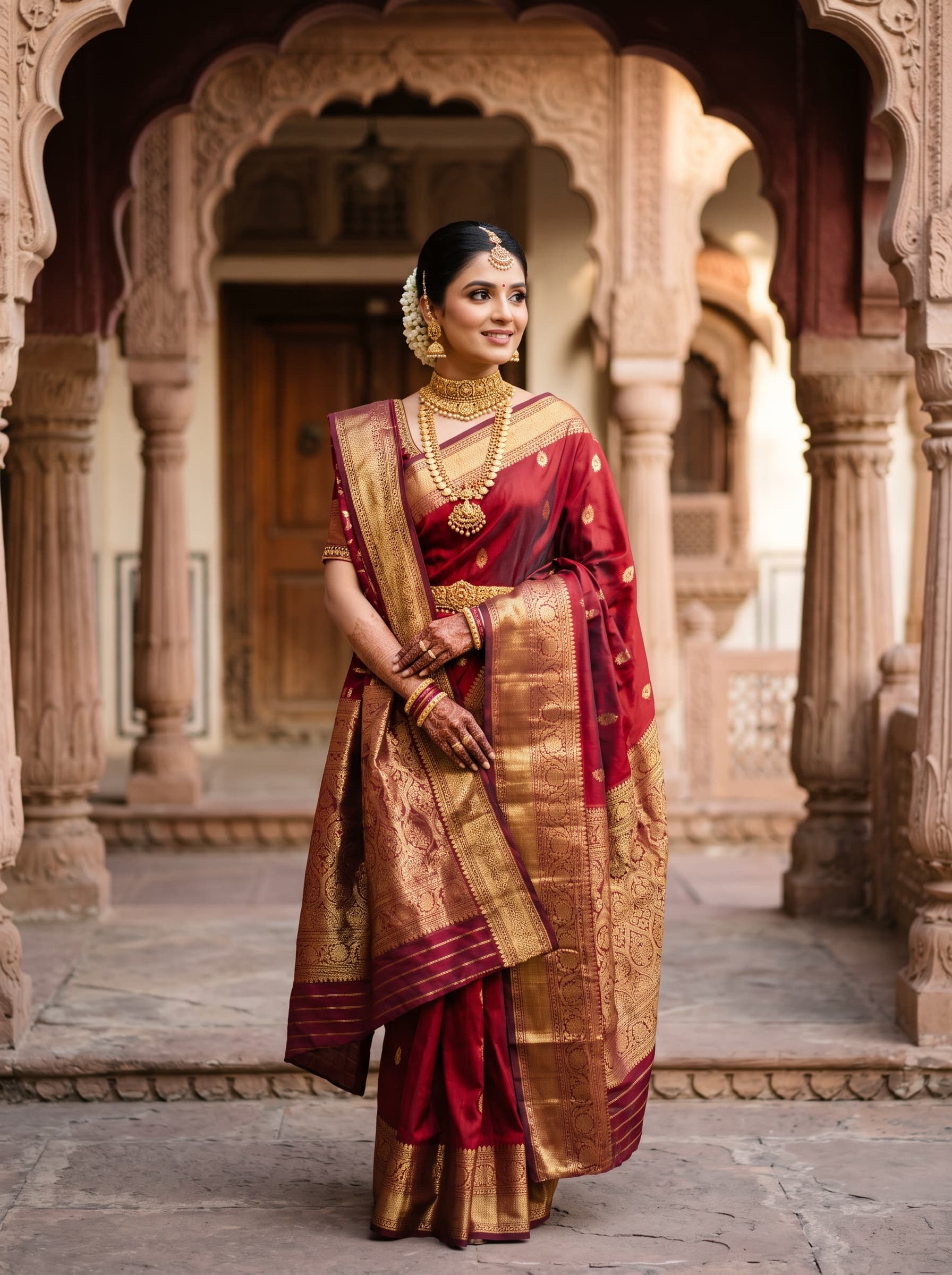 A bride in a deep red silk saree with a gold border
